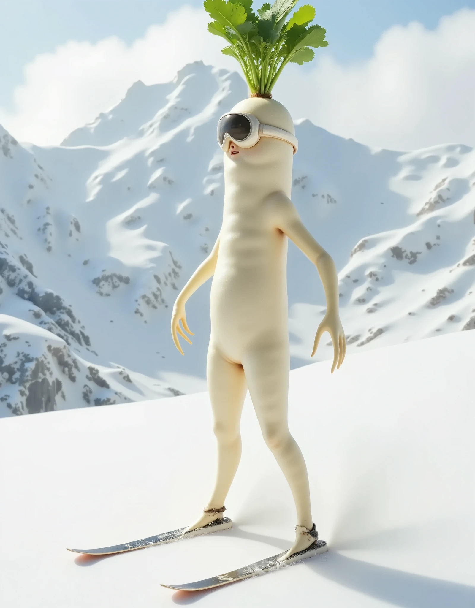  Daikon enjoying skiing 、 Daikon gliding down briskly、Beautiful snowy mountain scenery 、goggles、 Colorful Ski Wear、long skis、 Snow soars when gliding 