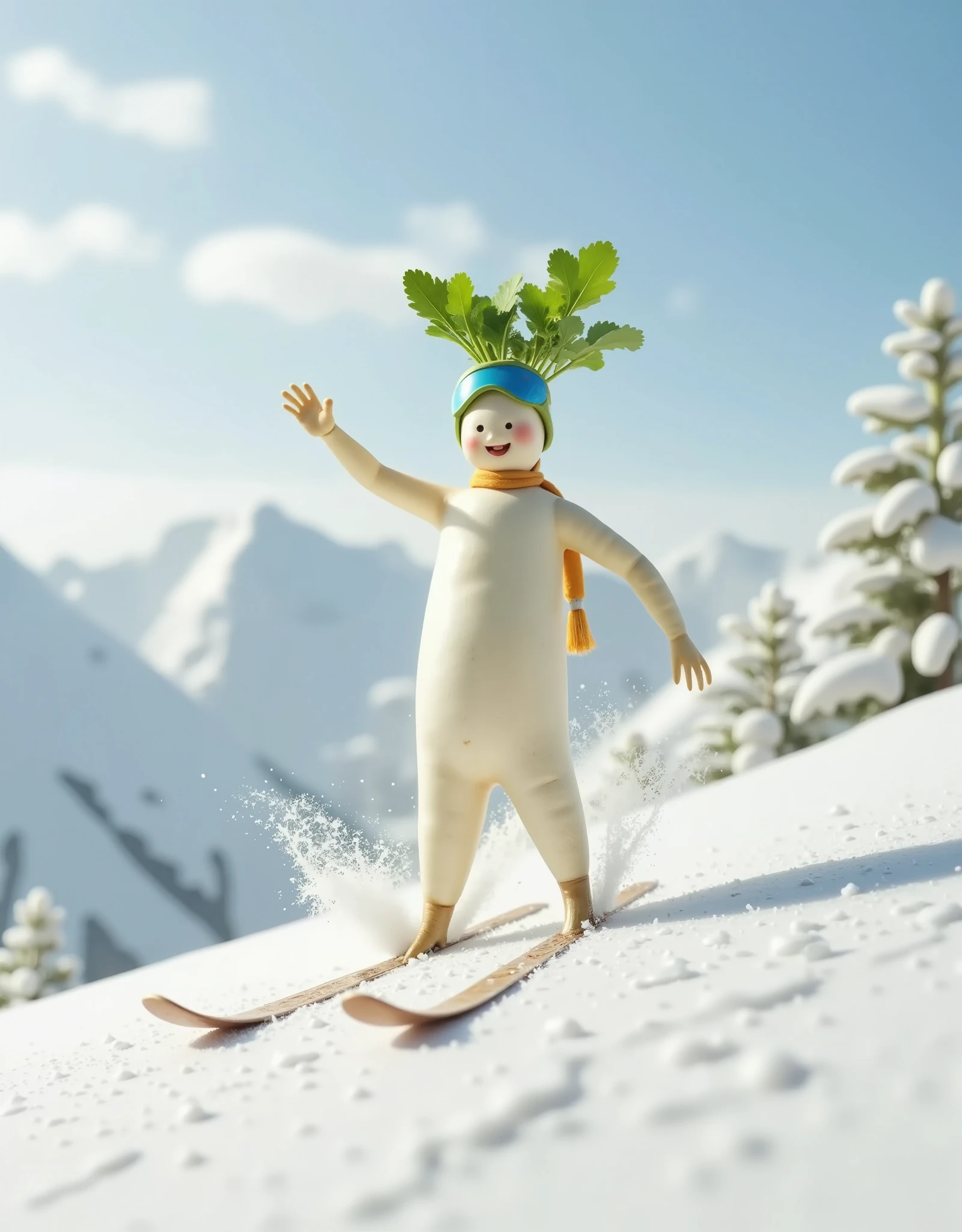  Daikon enjoying skiing 、 Daikon gliding down briskly、Beautiful snowy mountain scenery 、goggles、 Colorful Ski Wear、long skis、 Snow soars when gliding 