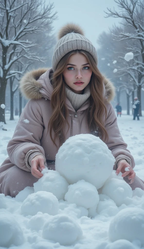 masterpiece, 8k, HDR, 3D, best quality, photograph, analog style, real life, extremely beautiful, (highly detailed, intricately detailed), (highly detailed skin), (alluring eyes), An image of a winter day in a park covered in a thick layer of freshly fallen snow, a female quickly crouches down, forms a perfect snowball and throws it in the direction of her companions. The snowball flies through the air and lands on the shoulder of one of the friends.