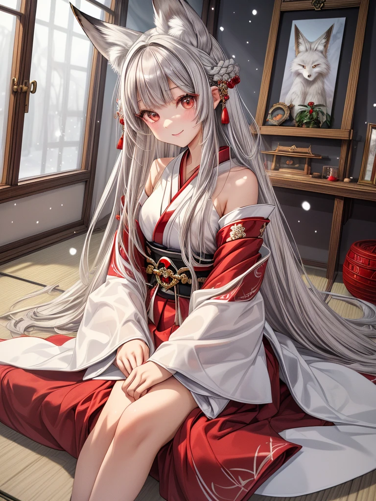 masterpiece,  top quality,(( one girl , slender )),Narrow treeshrees,perfect dark red eyes , ((Gray hair straight hair, princess cut, long hair on background,White fox ears)),((Luxurious shrine maiden costume, red skirt )), pale skin,smile, it's snowing outside the window,Inside the Japanese-style room,Lying on a futon