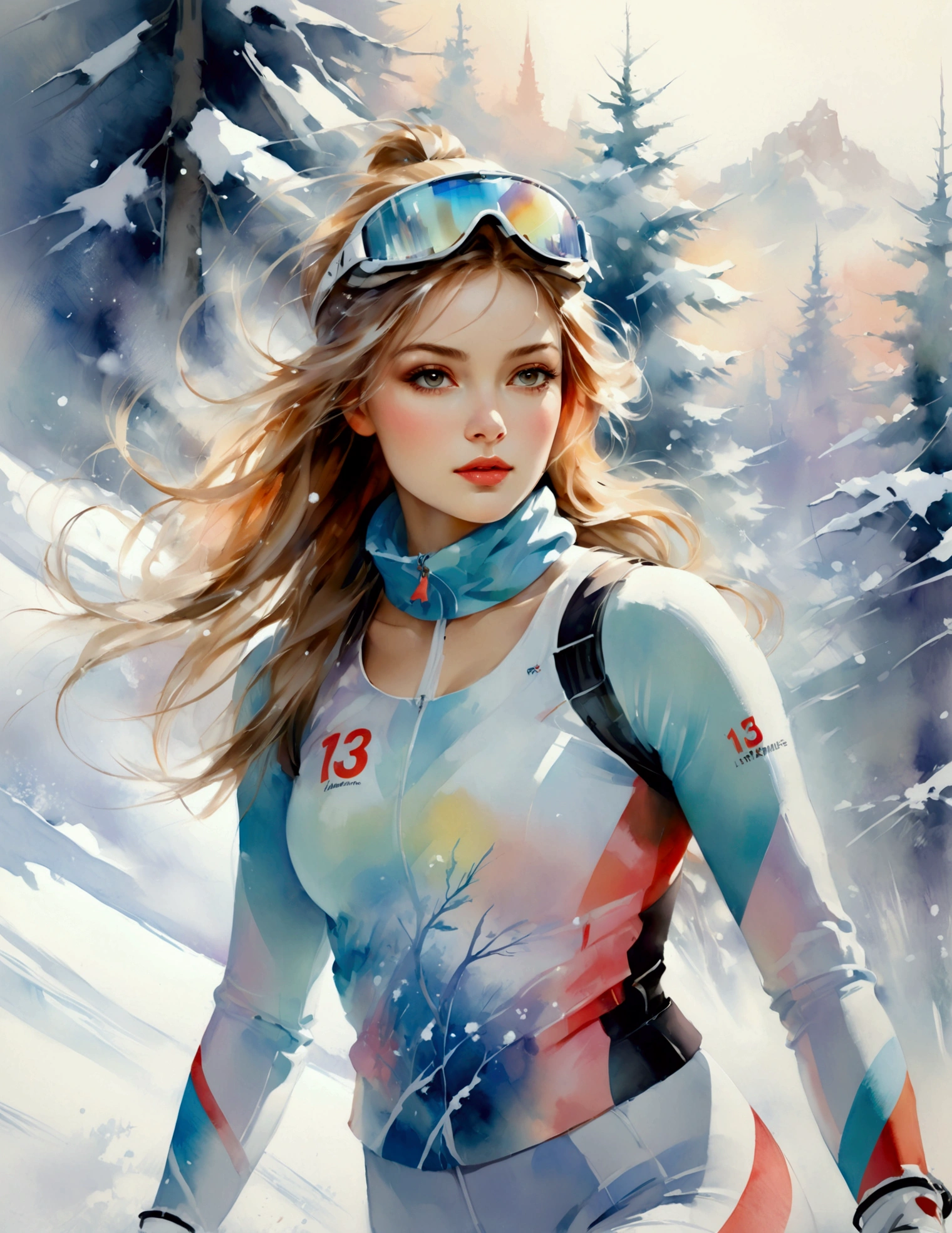 Female model in ski sprint, Horizontal fringe hair, super cute. Skisprint advertisement, Dynamic Motion, high-end fashion illustration, magazine illustration, watercolor illustration style, Women's ski sprint, Motion Blur, Iridescent pastel tones, (tachisme), beauty, Majestic snowy, Undulating, Hilly, fir branches and ornaments, colorful illustration, feminine expression, fashion illustration, created by an illustrator. "13 Jours en France", Willem Haenraets Style, oil and watercolor painting. 