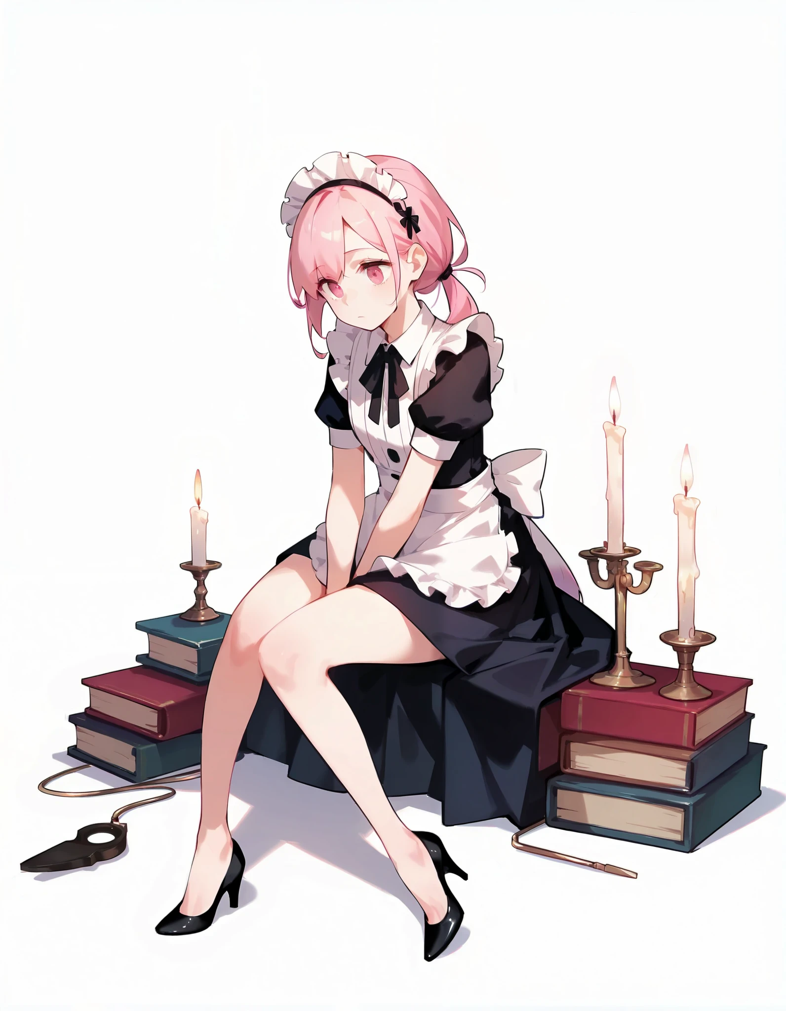 score_9,score_8_up,score_7_up, masterpiece,ultra-detailed CG illustration,top quality, best quality, (white background,simple background),maid,high heels,toe seam, sitting,side slit,low ponytail, arms between legs,candlestand, solo,pink hair