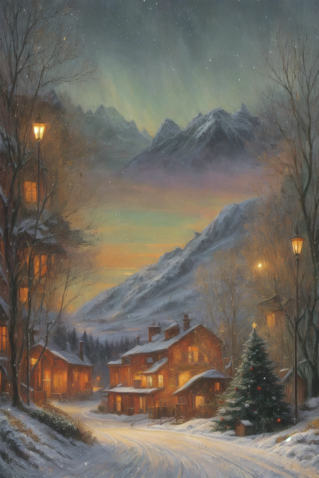 Surrealism,magical night.  winter landscape.  In the background are snow-capped mountains ,  in the foreground are triangular Christmas trees and round trees . lots of sparkling snow . fractal snowflakes .snow white.. Ground is covered with snow.  The image is in a muted green color palette,  gold and white .Josephine Wall,Rebeca Dotrimer 