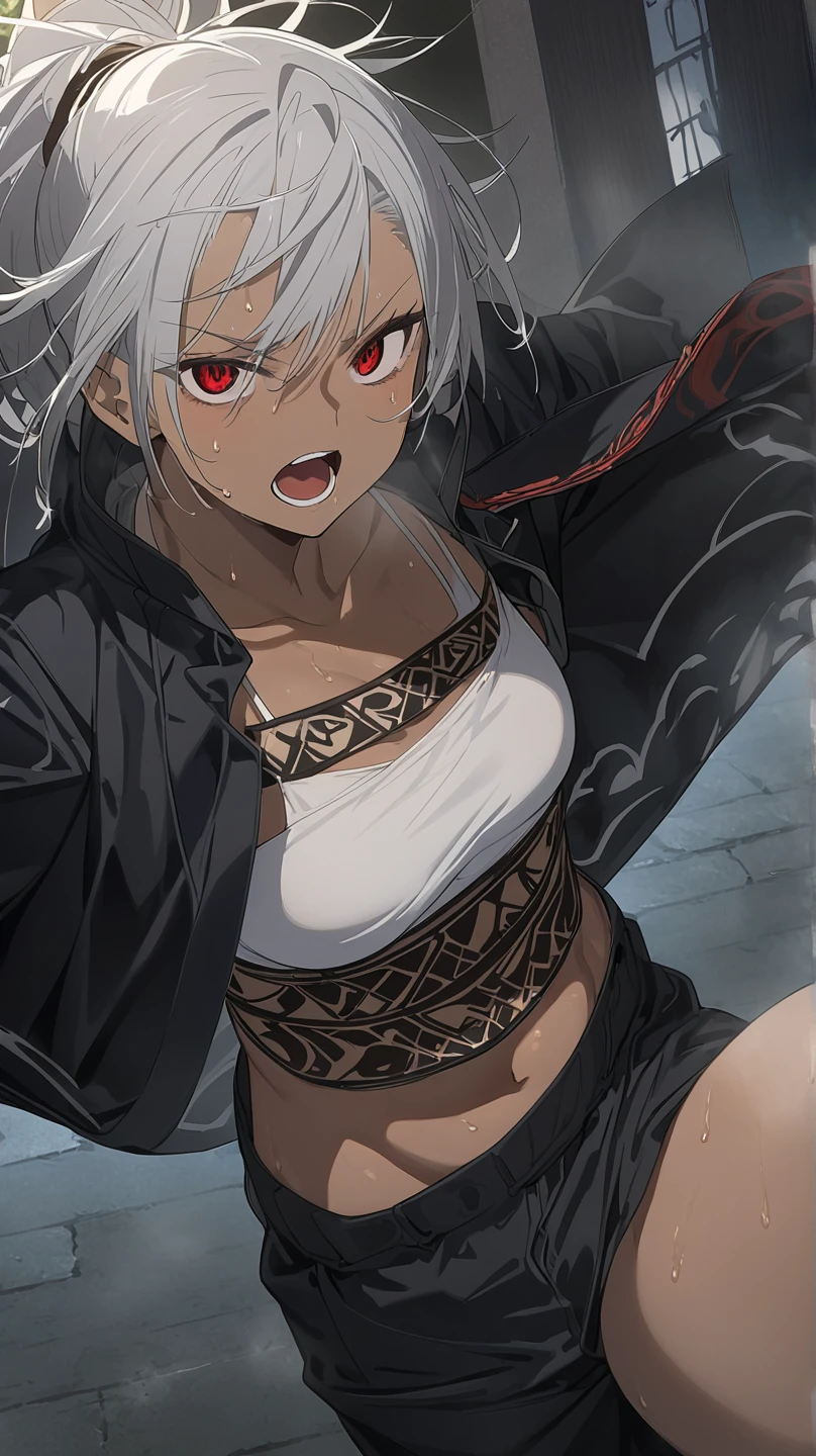 NSFW,(One girl:1.5),ANIME_ghislaine_thong_ownwaifu, www.ownwaifu.com, Ghislaine_Unemployed_Tensei, Dark Skin, Woman with dark skin, Long Hair, Grey Hair, Red Eye, One-eyed, Cat ear, Fur coat, Red headband, Red choker, forest, lake, null, Green Pants,(Perfect hands),(Perfect Anatomy),(masterpiece),(highest quality),(Sexually aroused face:1.5),(Lustful face:1.5),Embarrassed,blush