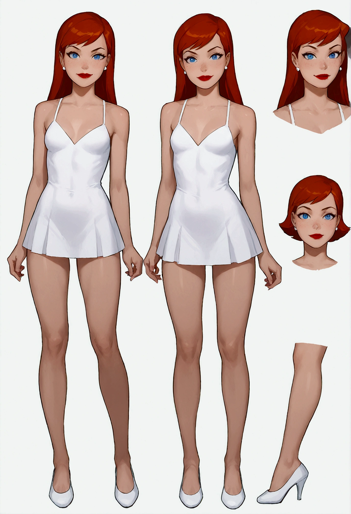 ((full body shot, standing, feet on the ground))Lois Lane - DCAU, ((character design sheet)), masterpiece, best quality, highly detailed, score_9, score_8_up, score_7_up, score_6_up, anime source,BREAK, 2girl, long hair, blue eyes, flower, hair bow, small breasts, bow, looking at viewer, freckles, parted lips, smile, full body, red lips, lips, leather ballet slipper, side-front, She looks at you, your gauze hurts, fishnets, white background, neutral cast, dance pose
