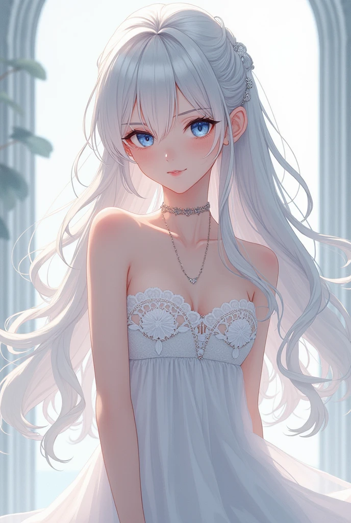 A slim anime style white haired girl