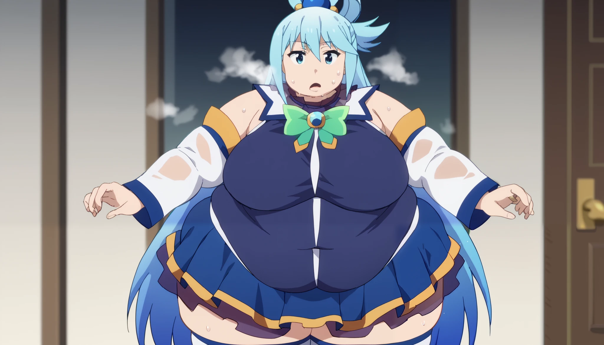 score_9, score_8_up, score_7_up, score_6_up, score_5_up, score_4_up, source_anime, anime screencap, BREAK 1girl, (very giant girl:1.2), aqua \(konosuba\), long hair, blue eyes, hair ornament, very long hair, blue hair, hair rings, single hair ring, hair bobbles, skirt, shirt, thighhighs, bare shoulders, detached sleeves, white thighhighs, blue skirt, blue shirt, green bow, nsfw, masterpiece, best quality, ), (steaming), (sweat), (very sweaty), (sweaty body), ((steaming body)), (very wet body), (very wet clothes), expressionless, cowboy shot, straight-on, ((looking at viewer)), standing, ((flirting pose)), (fancy living room), fat, chubby, obese, (gigantic arms and legs), (large breasts), (open mouth), (out of breath), (glossy clothes), (very detailed shading of clothing)