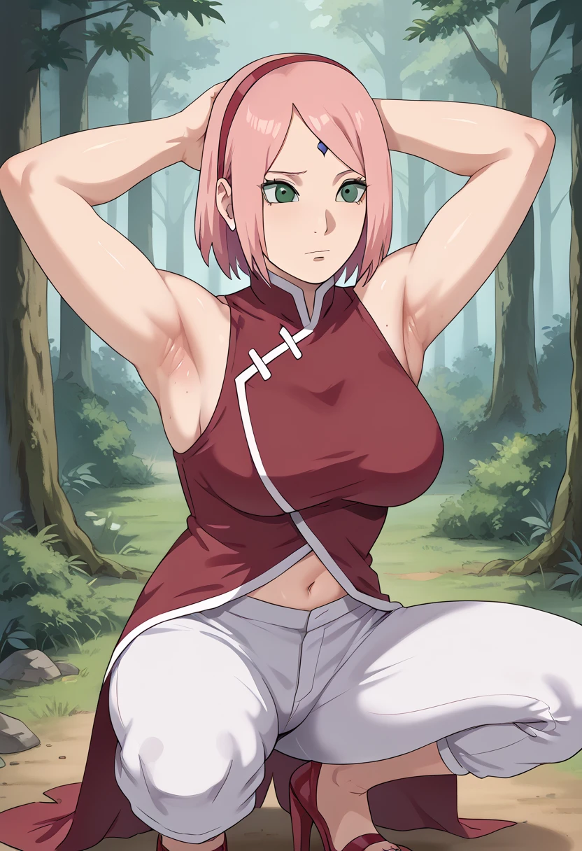 nsfw, haruno sakura, pink hair, short hair, green eyes, red sleeveless dress, navel, large breasts, white pants ,forest,Armpit,Armpit wrinkles,Armpit smell,Armpit juice,Arms up,Stretch,pubic hair,under hair,,squat down, 