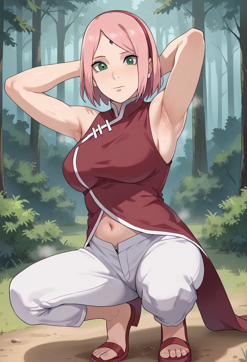 nsfw, haruno sakura, pink hair, short hair, green eyes, red sleeveless dress, navel, large breasts, white pants ,forest,Armpit,Armpit wrinkles,Armpit smell,Armpit juice,Arms up,Stretch,pubic hair,under hair,,squat down, 