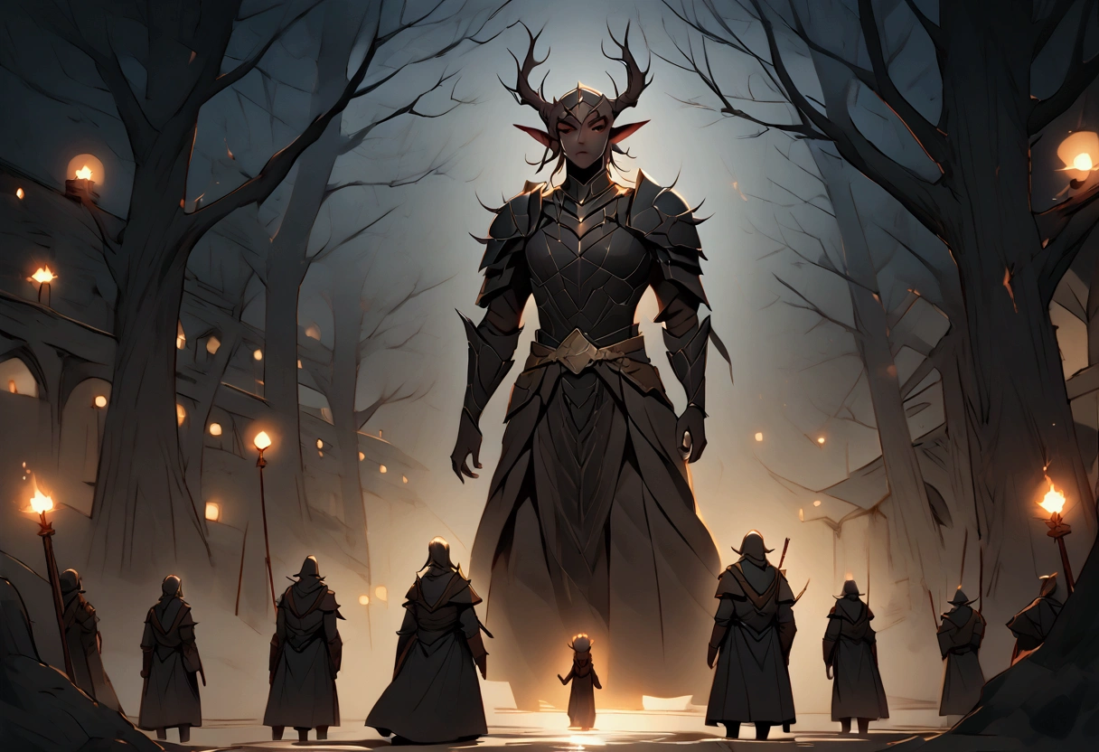 A group of Dark Elves stealthily advances through enemy territory, moving between the shadows of the trees in the pale moonlight. Their dark armor, adorned with subtle runes, softly reflects the lunar glow, almost blending into the nighttime environment. They move in absolute silence, communicating only with precise gestures as they avoid patrols of Alba Elves passing by with torches in the distance. The camera follows the group as they cautiously approach the illuminated village where Lucas is being held captive, capturing their calculated movements and the tension in the air. The scene culminates with the Dark Elves using their abilities to scale walls, disarm traps, and disappear into the darkness as they infiltrate the village undetected.