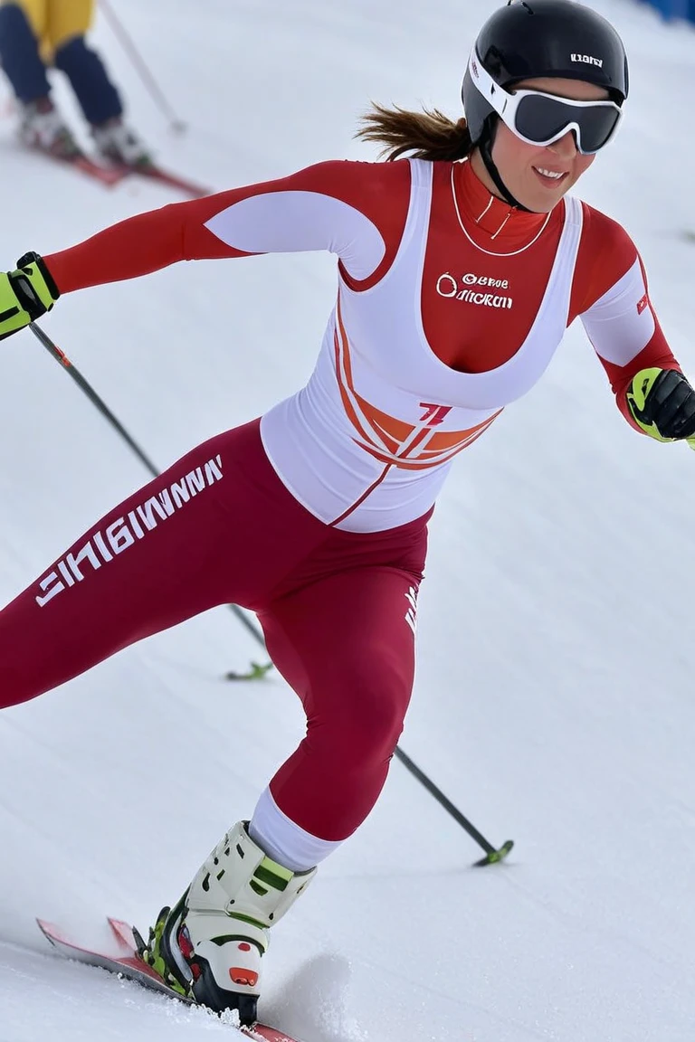 female skiers skiing in a sprint ski competition, covered gigantic breasts, braless