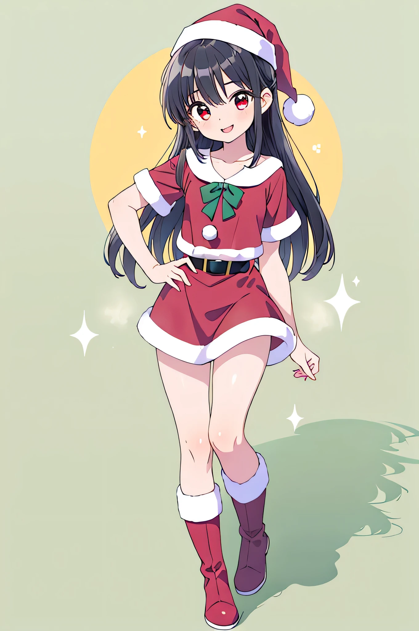  1 girl ,Shiny jet black hair,Long straight hair,
Puff out your cheeks,
red eyes,(  Oblique eyes :1.1),( I have one big mole under my left eye:0.8),
Holy Night,
#Lift your bangs,
#  peace sign,
 full body photo,
A perfect smile,
 santa costume  ,Santa boots ,
  medium chest ,
(Teen:1.1),

 top quality, high definition, sharp concentration,  Masterpiece  ,  vibrant colors,Natural look,
Accurate,  anatomically correct, 