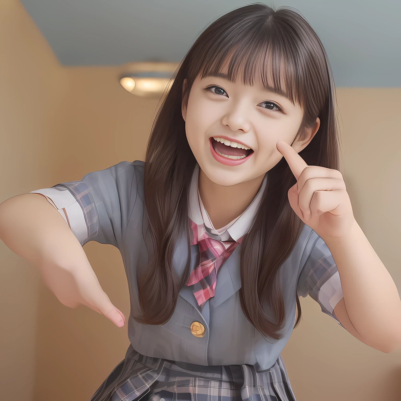 (Highest quality, masterpiece:1.2), Highest quality, High resolution, 1080P, 8k, clearly detailed, low-angle shot, (Some 14yo idol girls are starting dental surgery against the viewer like doctors and nurses, bending down deeply at waist, and looking down at the viewer, bending down deeply at her waist, their shining eyes are looking at the viewer directly, Girls faces are looking down and coming close to the viewer, Low-angle-face-close-shot from below the girls' hands, ceiling and surgical light background: 2.0) (Nobly bowing super-pretty shining-long-hair super-beautiful super-bewitching super-cute expensive school-uniform pretty slender 14yo-fashion-model of most-beautiful-school-uniform-girl-models photo-magazine in Japan, too beautiful aristocratic daughter laughing at the viewer, in supreme bliss, bowing and accepts the viewer's every desire: 1.8), (long bottom eye-slashes, long top eye-slashes), (very bewitching beautiful full-open lips: 1.4), (neat gorgeous school uniform of private high school in Japan. navy-school-blazer with gold-emblem, super-neat navy-blue-lined-tartan-checkered light-sky-blue-pleats-school-skirt, super-girly plain-red ribbon on the breast: 1.5), (bewitching expression, smile, lips, and pose to corrupt the viewer, everything is planned and prepared to corrupt the viewer into the allusion of love towards the girl: 1.2), (clearly detailed foreground focusing on girl's beauty and cuteness, gorgeous blue girly bed background of full-of-girls girly-heaven: 1.2), (they are putting her beautiful both hands and fingers on the viewer to open the viewer's mouth forcibly like dental surgery, which may also open the viewer's brain, pouring her girly white drool to the viewer: 1.5), (sky-blue checkered school skirt: 1.5), (several golden heart cute accessories)