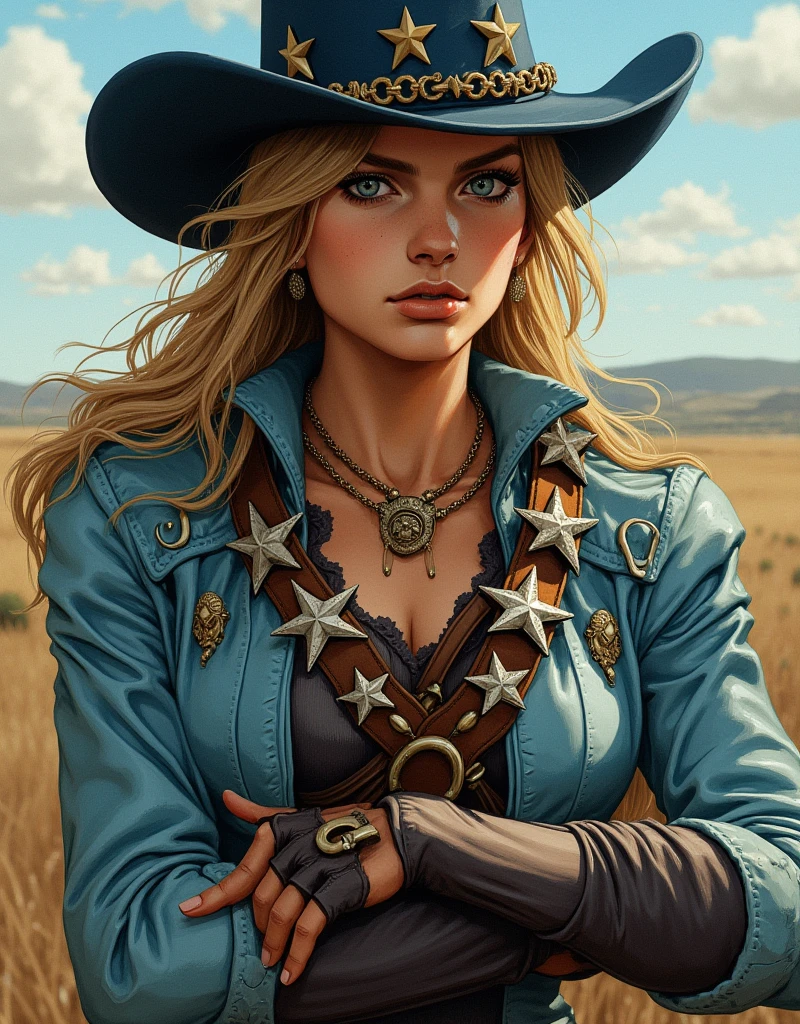 In a strikingly intricate traditional art style reminiscent of Hirohiko Araki, 
"Portrait of Johnny Joestar: A determined young man with long dirty blonde hair, wearing a dark blue short-brimmed hat with star patterns and horseshoe pins. Athletic build, wearing a cropped light blue jacket with intricate star designs, dark undershirt, and fingerless riding gloves. Sharp blue eyes with intense gaze, defined facial features with slight feminine qualities. Multiple leather ammunition belts across chest, decorated with silver stars and metallic details. Detailed horse-riding gear and period-accurate 1890s American frontier clothing textures. Dynamic pose showing upper body, photographed in natural afternoon light | photorealistic, ultra detailed, cinematic lighting, sharp focus, volumetric light, detailed fabric textures, 8k resolution

Style specifics:
- Araki's distinctive art style translated to realism
- Emphasis on fashion details and fabric textures
- Period-accurate 1890s American frontier elements
- Dynamic composition with dramatic lighting
- Detailed leather and metal accessories
