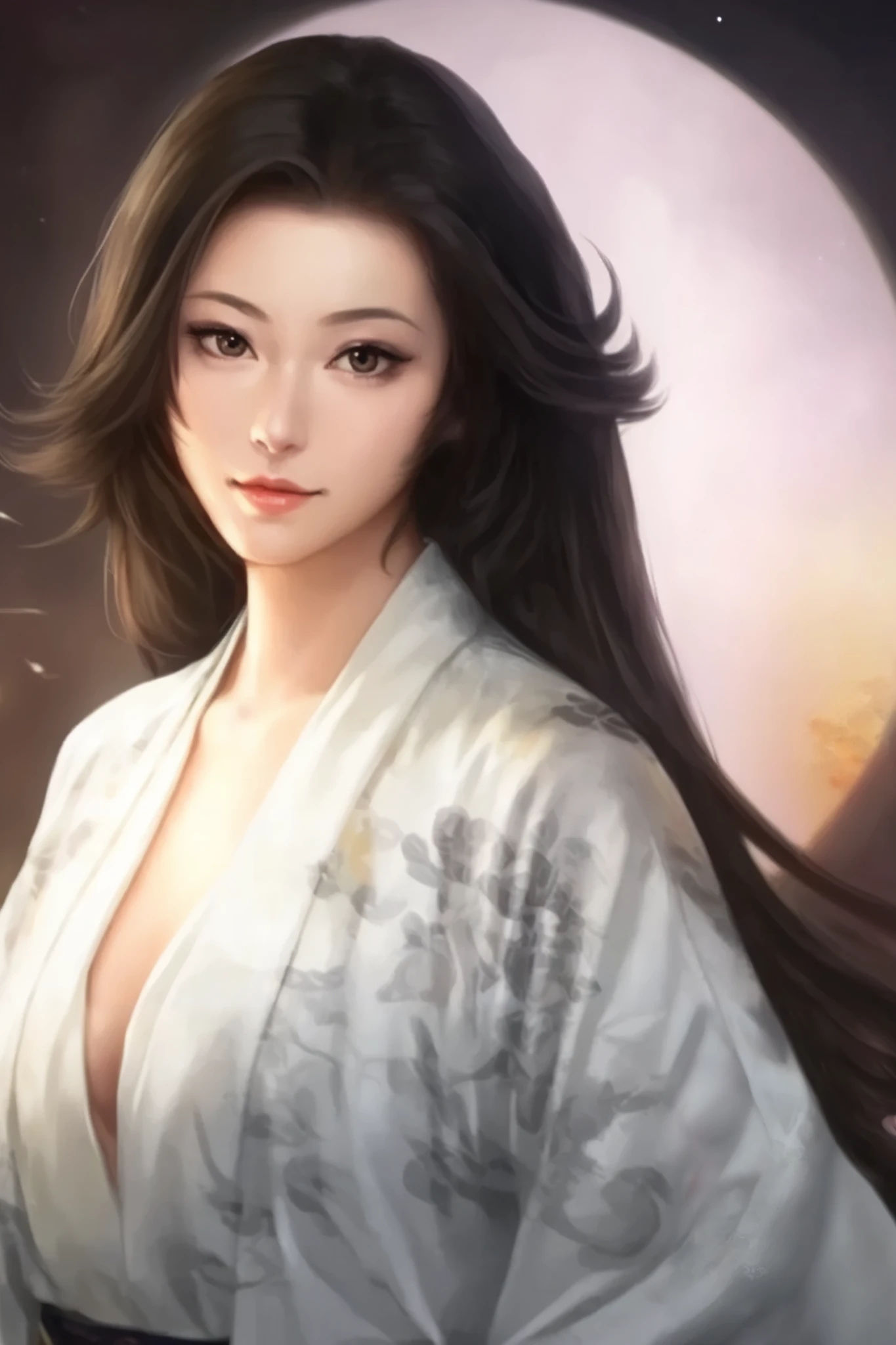   beautiful woman、 old style Japanese-style room at night 、   upper body only、The light in your eyes、 curly eyes  、Two-dimensional elements  、Glamorous face 、 fun face、  black wave long hair 、  big eyes、  low angle、 Big Breasts 、Wear a white kimono with shoulders sticking out 、  Beautiful breasts 、 attractive breasts、 open chest 、  upstyle hair 