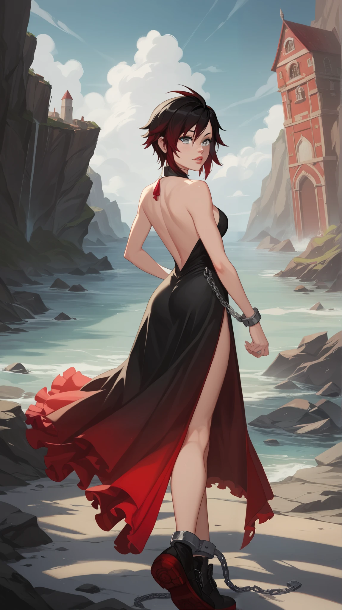 Ruby Rose, Ruby Rose,  corto,  Black hair, redhead, (grey eyes:1.5), back view, back overview 
Break dress, shackles, layer,
Break looking at viewer,
Break outdoors,
Break ( Masterpiece:1.2), Of the highest quality, high resolution, 8k unit wallpaper, (form:0.8), ( Fine and beautiful eyes :1.6),  very detailed face, perfect lighting, Highly detailed CG, (manos perfectas, perfect anatomy),