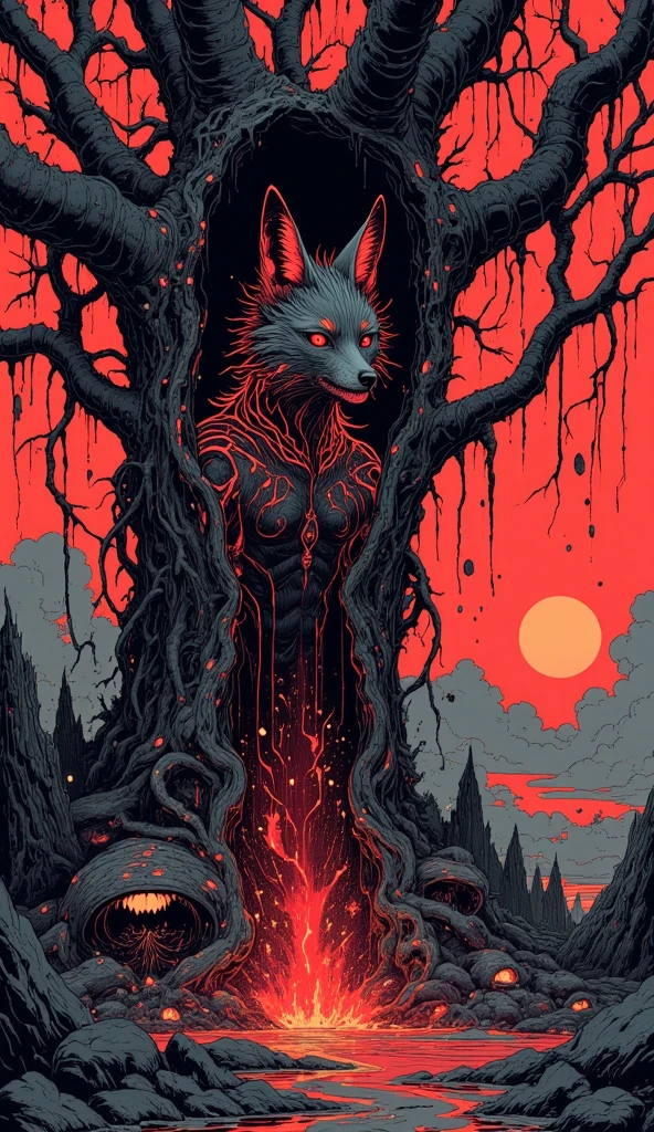  A demonic fox of red and black color, shiny effect.
 It is in the trunk of an ancient tree ,  with vines that reach the ground . 
 In the background an apocalyptic sunset , with red rays , BLACK SUN.
32K, HDR, UHD. 