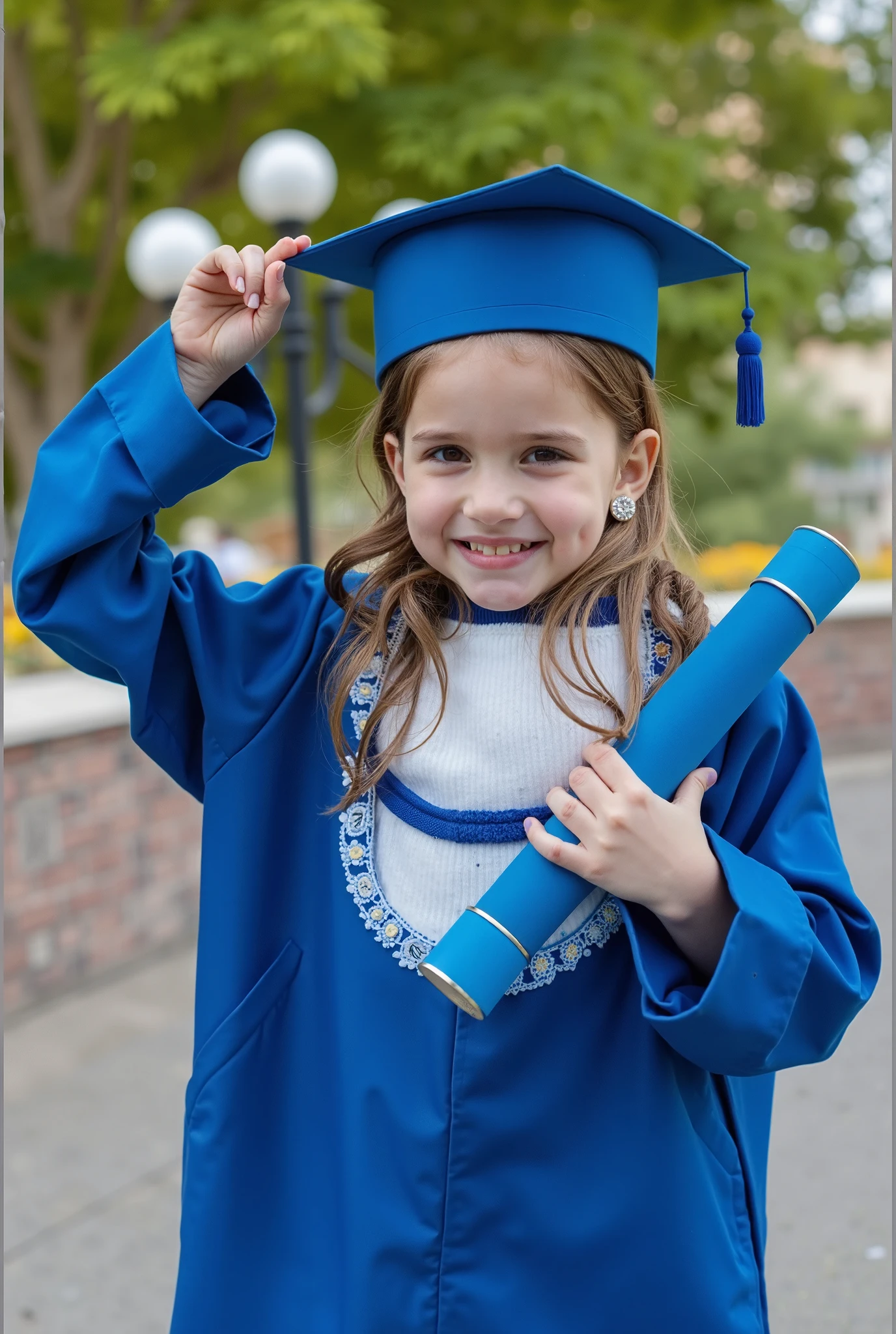 European child graduating from American school, with graduation hat and party dress