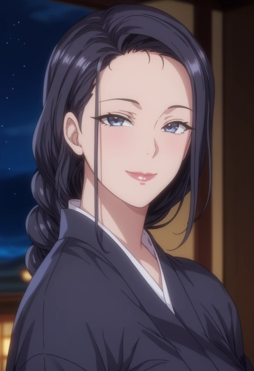 Look up、 Black Kimono、( mature woman :1.4)、Poisonous woman 、50 years old、Captivating smile、 black hair、 up hair 、Married women、 de emphasizing trust 、Japanese-style room Unohana has the appearance of a slender and very youthful woman with blue eyes and black hair. She wears the standard Shinigami captain shihakushō apart from using an obi instead of the normal sash, which hides her well-endowed bosom. Her hair is long and is always worn as a large braid down the front of her body.