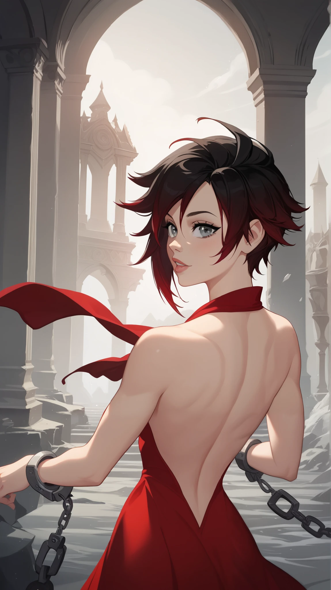 Ruby Rose, Ruby Rose,  corto,  Black hair, redhead, (grey eyes:1.5), back view, back overview 
Break dress, shackles, layer,
Break looking at viewer,
Break outdoors,
Break ( Masterpiece:1.2), Of the highest quality, high resolution, 8k unit wallpaper, (form:0.8), ( Fine and beautiful eyes :1.6),  very detailed face, perfect lighting, Highly detailed CG, (manos perfectas, perfect anatomy),