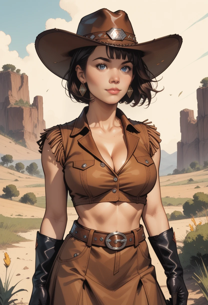 score_9, score_8_up, score_7_up, source_anime, 1woman, mature, human female, human, detailed face, jawline, smooth skin, beige skin, beautiful eyes, blue eyes, brunette, big breasts, bob cut hair, western saloon, cowboy outfit, brown vest, crop top, cleavage, brown skirt, belt, black gloves, earrings, fringe trim, cowboy boots, cowboy hat,