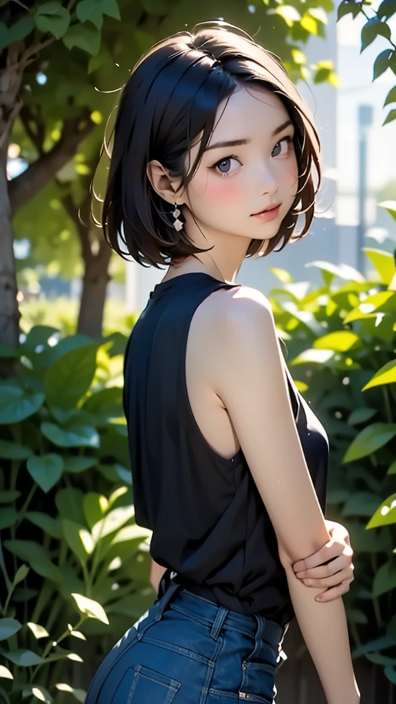 (((pixel-perfect, detail-perfect))), HDR, 4K, 1girl, solo, exposed back, looking at viewer, upper body, black hair, bob_hair, short-hair, short bob hair, (((bobcut) )), ((haircut:1.3)), undercut, bobbed hair, minibob, sidecut, buzz haircut, sidecut, side of head shaved, purple eyes, ((Shave his hair)), Short ear hair, graduation bob, (cowboy shot:1.5), straight short hair, buzzed nape, tank top, nike logo, ((Extremely precise and accurate anatomy:1.0)),Kind eyes,Graceful pose,(Beauty of form:1.4) Golden ratio, big eye,(nature's providence:1.4),