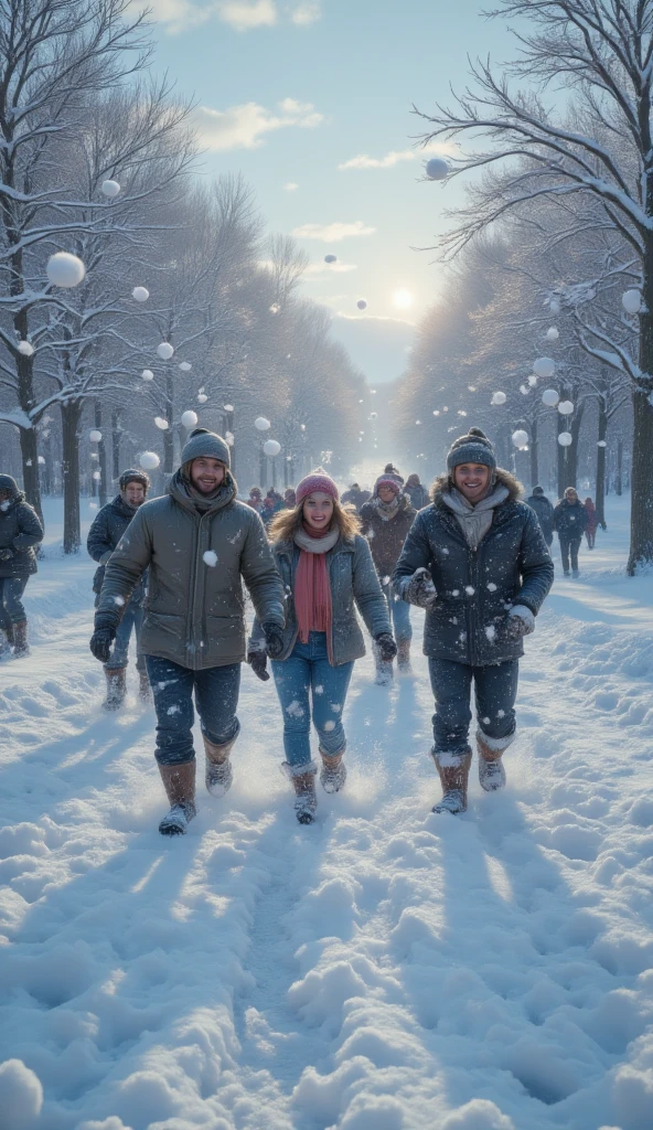 masterpiece, 8k, HDR, 3D, best quality, photograph, analog style, real life, extremely beautiful, (highly detailed, intricately detailed), (highly detailed skin), (alluring eyes), An image of a winter day in a park covered in a thick layer of freshly fallen snow. A group of friends, bundled up in hats, scarves and gloves, are laughing as they run through the park, kicking up clouds of snow dust with every step. Suddenly, one of them quickly crouches down, forms a perfect snowball and throws it in the direction of their companions. The snowball flies through the air and lands on one of the friends' shoulders, sparking a friendly snow fight. Laughter and screams of excitement fill the air, as the snowballs go back and forth, creating joyful chaos. The sun shines faintly on the horizon, adding a warm touch to the cold winter scene. Everyone's cheeks are flushed from the cold and the fun, and despite the snow that has gotten into their boots and gloves, there is nowhere they would rather be at that moment.