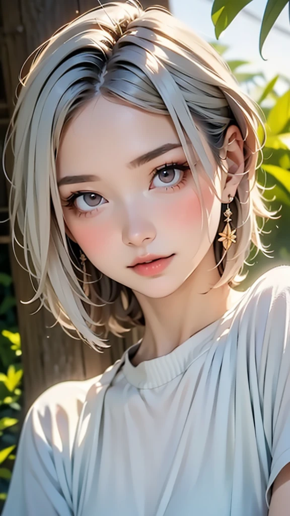 (highest quality, masterpiece), One girl, beautiful girl, Brown_eye, ((hair color [Silver hair], [Pixie cut with front hair] hair)), Earrings, lips, Short sleeve,Realistic, Tight waist, Charm, Colorful Makeup, Long eyelashes, Fair skin, (cute), (Detailed face), Detailed eye, Detailed iris,((Extremely precise and accurate anatomy:1.0)),Kind eyes,Graceful pose,(Beauty of form:1.4) Golden ratio, big eye,(nature's providence:1.4),