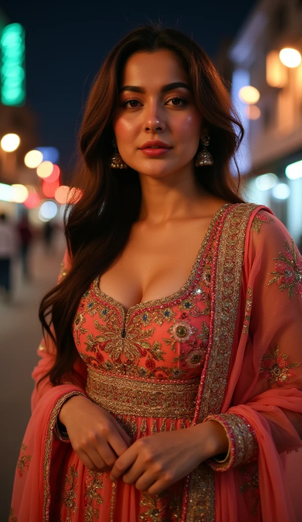 Hania Amir in desi attire, hot & cleavage, shalwar kameez,punjabi suit, night time in Lahore, 