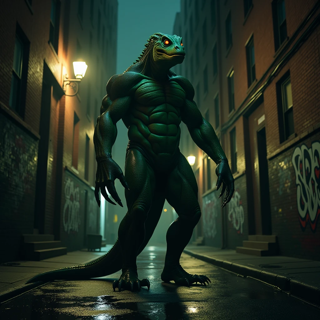 Killer croc (Humanoid creature) from suicide squad;
Dark colorful ambience,