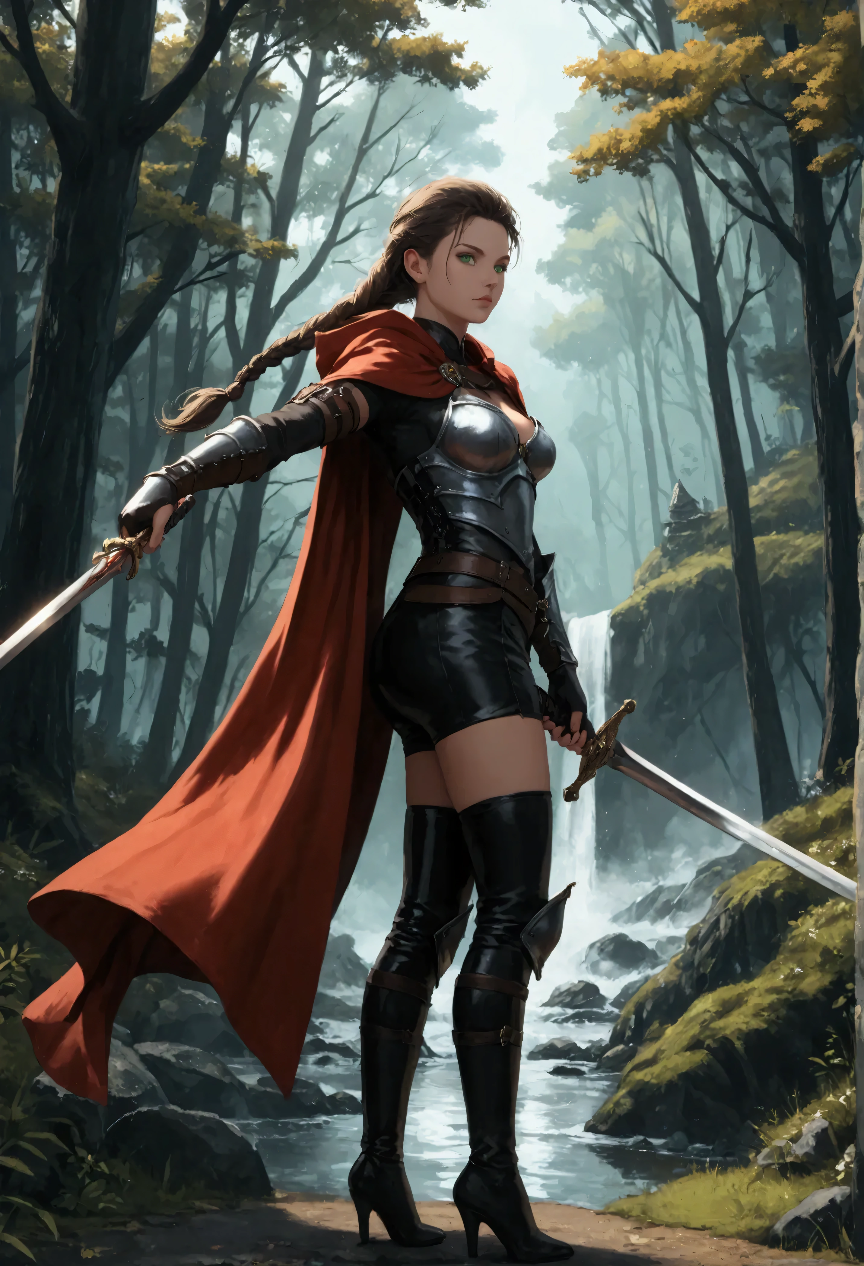 score_9, score_8_up, score_7_up, score_6_up, score_5_up, score_4_up,  fantasy art, RPG art, Dark fantasy art, ultra wide shot, RAW, photorealistic, a picture of female human ranger, the ranger, an exquisite beautiful human woman, long blond hair, braided hair, green eyes, wearing leather armor, wearing (red cloak: 1.1), armed with a (sword: 1.3), wearing high heels  boots, standing in a dark forest at night, (mist rising from the grounds: 1.3), a sense of dread and fear, yet she stands defiant and fearless, dark fantasy forest background, best quality, 16k, [ultra detailed], masterpiece, best quality, (ultra detailed), full body, ultra wide shot, Curved Sword Slash
