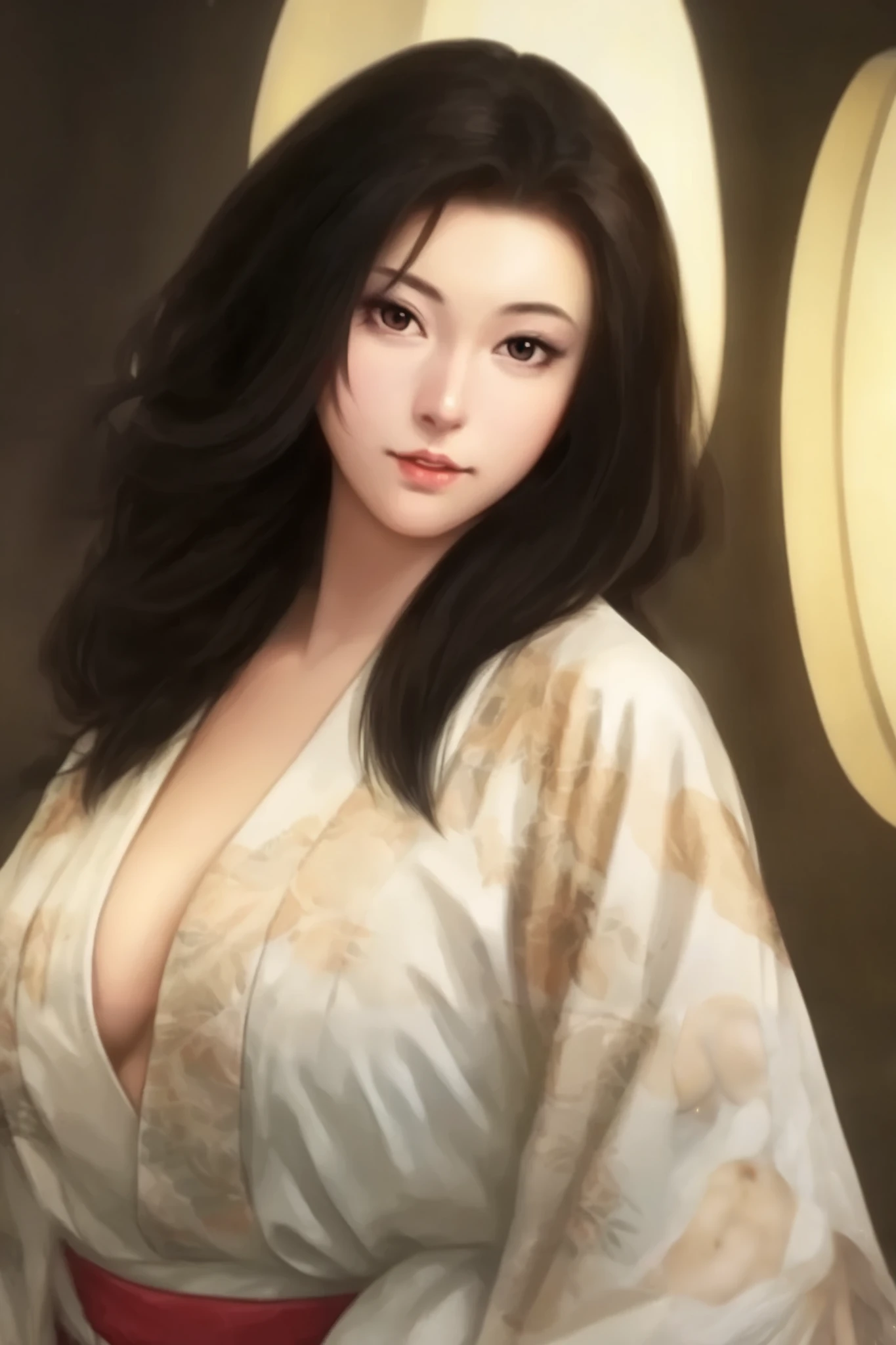   beautiful woman、 old style Japanese-style room at night 、   upper body only、The light in your eyes、 curly eyes  、Two-dimensional elements  、Glamorous face 、 fun face、  black wave long hair 、  big eyes、  low angle、 Big Breasts 、Wear a white kimono with shoulders sticking out 、  Beautiful breasts 、 attractive breasts、 open chest 、  upstyle hair 