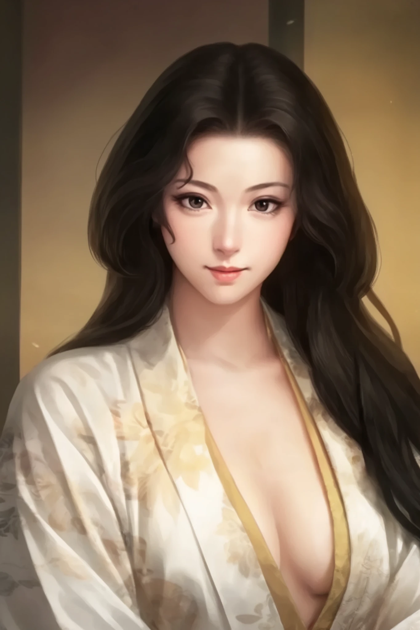   beautiful woman、 old style Japanese-style room at night 、   upper body only、The light in your eyes、 curly eyes  、Two-dimensional elements  、Glamorous face 、 fun face、  black wave long hair 、  big eyes、  low angle、 Big Breasts 、Wear a white kimono with shoulders sticking out 、  Beautiful breasts 、 attractive breasts、 open chest 、  upstyle hair 