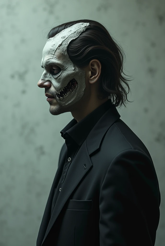 Draw a blindfolded vampire with ketchup stains on his mouth, that only his face is shown, in a dark city