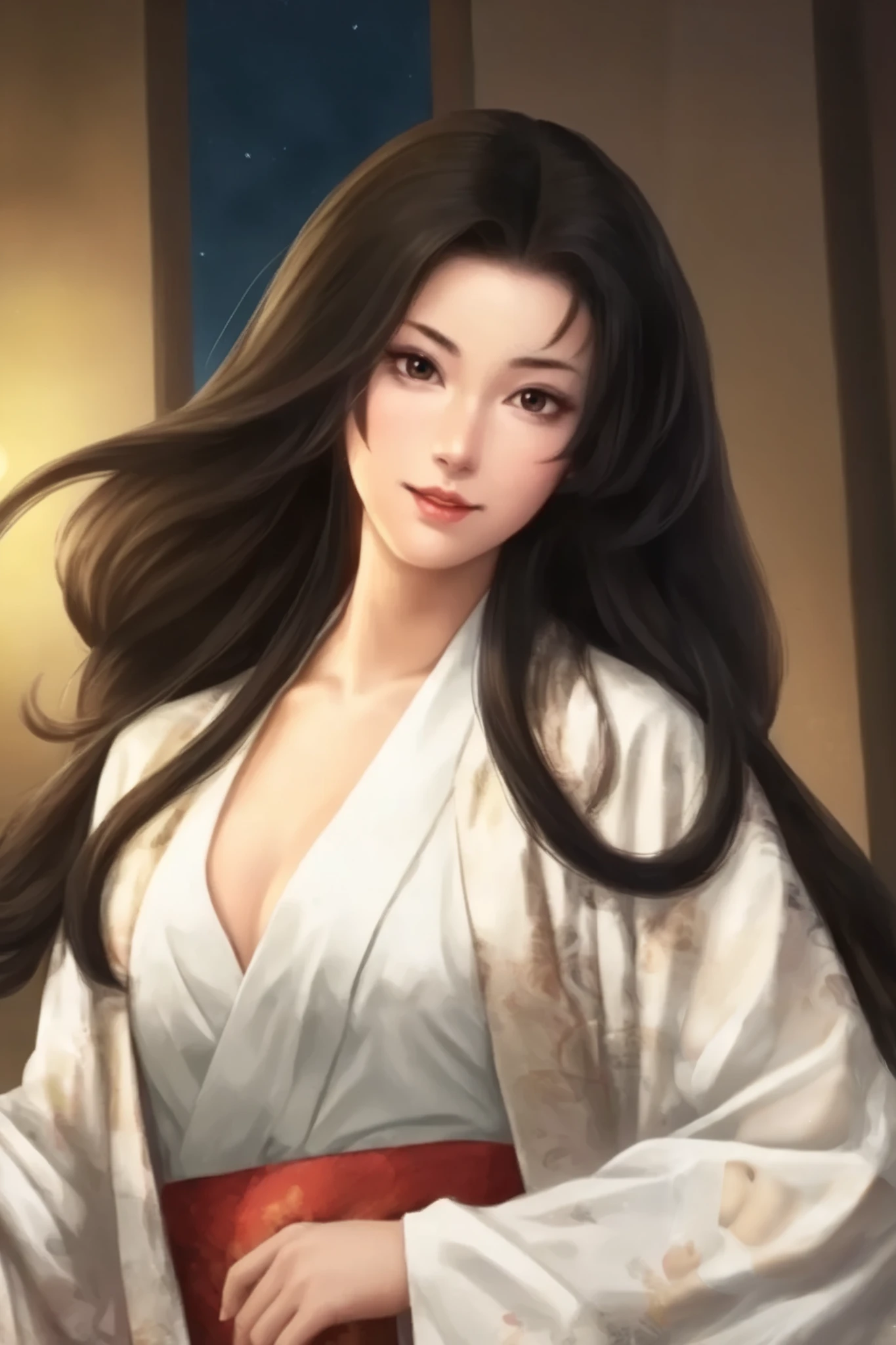   beautiful woman、 old style Japanese-style room at night 、   upper body only、The light in your eyes、 curly eyes  、Two-dimensional elements  、Glamorous face 、 fun face、  black wave long hair 、  big eyes、  low angle、 Big Breasts 、Wear a white kimono with shoulders sticking out 、  Beautiful breasts 、 attractive breasts、 open chest 、  upstyle hair 