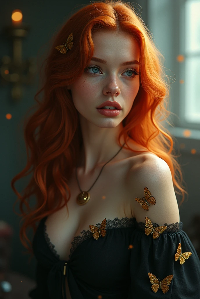 (solo, full body photo:1.3), (action packed:1.3), (haze, fog, mist:1.3), chiaroscuro, best quality, photorealistic, 1woman, (cute), (24yo:1.2), redhead, long ginger hair highly detailed, 1700'S, digital photography, art by artgerm and ruan jia and greg rutkowski surreal painting gold butterfly filigree, broken glass, (masterpiece, sidelighting, finely detailed Fashionable eyes: 1.2) (perfect oval large eyes that gazes at the viewer), beautiful detailed face, blue gorgeous perfect eyes, (blonde hair ponytail), (attractive young woman:1.3), (thick amazing hair), (seductive:1.1), (blushing:1.1)