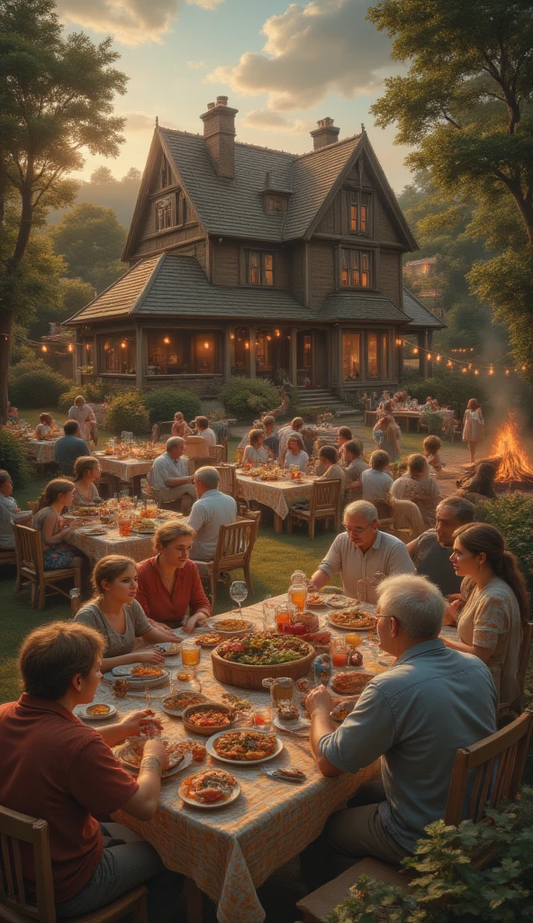 masterpiece, 8k, HDR, 3 D, best quality, photography, analog style, real life, extremely beautiful, (highly detailed, intricately detailed), An image of a sunny summer day in a large, cozy country house, where members of a family have gathered for an annual reunion. The garden is decorated with colorful bunting and long tables covered with checkered tablecloths filled with delicious food. ren run and play, throwing balls and blowing bubbles, while adults chat and catch up. There is laughter and lively conversation in every corner, with old photos passed from hand to hand, evoking memories of times gone by. A special table is dedicated to the grandparents, who are the center of attention, surrounded by affection and respect. At dusk, the hanging lights are turned on, creating a magical atmosphere as the family gathers around a large bonfire to tell stories and sing songs. The evening is filled with hugs, promises to keep in touch, and the warmth of family company.