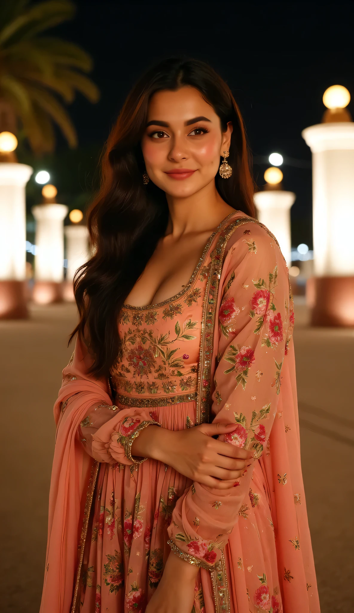 Hania Amir in desi attire, hot & cleavage, shalwar kameez,punjabi satin suit, night time in Lahore, 