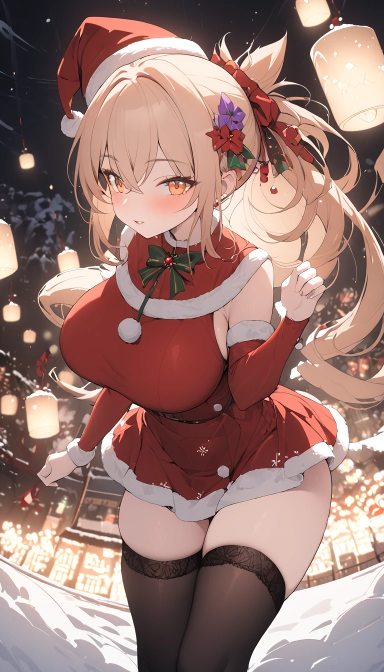 a woman wearing a santa claus costume, christmas dress, red dress, santa claus hat, thigh high black stockings,  (best quality,4k,8k,highres,masterpiece:1.2),ultra-detailed,christmas,festive,holiday,winter,warm,cozy,magical,whimsical,joyful,vibrant colors,glowing lights,cinematic lighting,solo, big breasts, dynamic angle, mature female,yoimiya, bangs, blonde hair, hair ornament, hair between eyes, ponytail, sidelocks, orange eyes, light brown hair, full body shot, (negative_v2 Color_Balance_Calibration:0.8),  unaestheticXL_cbp62 , negativeXL_D, aidxlv05_neg, dynamic pose