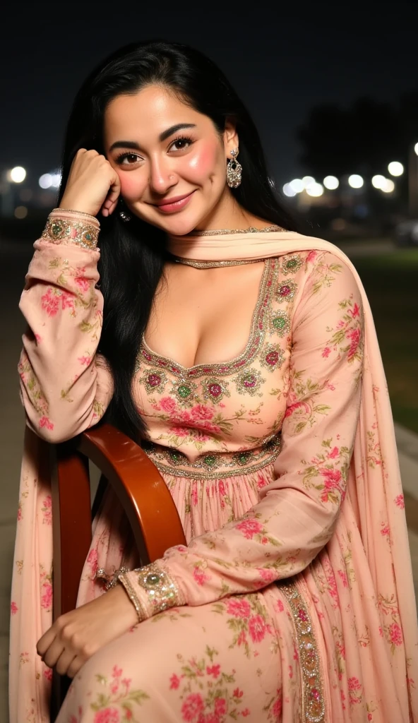 Hania Amir in desi attire, hot & cleavage, shalwar kameez,punjabi satin suit, night time in Lahore, 