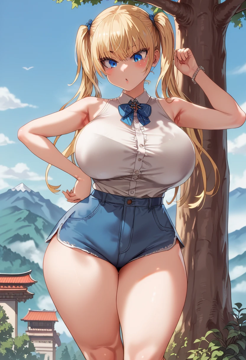 score_9, score_8_consolation, score_7_consolation, source_ Japanese cartoon movie, Perfect quality, perfect anatomy , masterpiece, top quality , masterpiece, ultra detail, ( huge boobs), ( wide hips, thick thighs, gaining weight ), outdoors, tree, mountain, plant, Blonde hair, twintails, blue eyes, gray workwear , white shirt , Sleeveless, blue shorts , Split