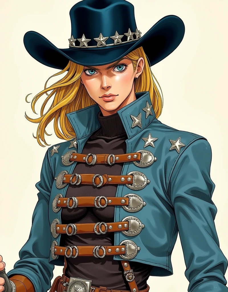 In a strikingly intricate traditional art style reminiscent of Hirohiko Araki, 
"Portrait of Johnny Joestar: A determined young man with long dirty blonde hair, wearing a dark blue short-brimmed hat with star patterns and horseshoe pins. Athletic build, wearing a cropped light blue jacket with intricate star designs, dark undershirt, and fingerless riding gloves. Sharp blue eyes with intense gaze, defined facial features with slight feminine qualities. Multiple leather ammunition belts across chest, decorated with silver stars and metallic details. Detailed horse-riding gear and period-accurate 1890s American frontier clothing textures. Dynamic pose showing upper body