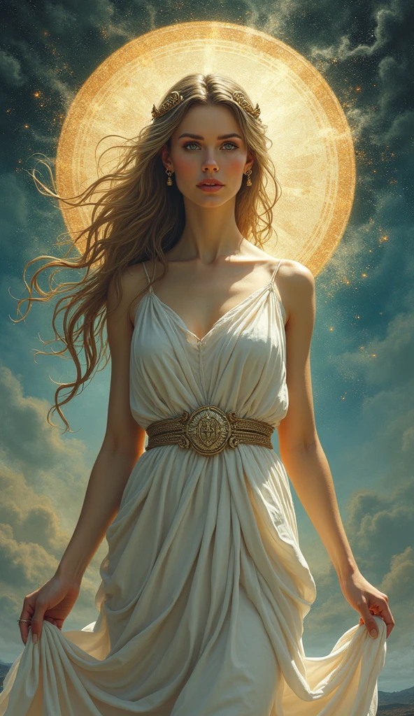 realistic, photo, masterpiece, (uhd:1.4), tall, slim glowing blonde greek female, goddess with round face, golden glowing, wavy hair, in ancient tunic (circled with golden countour and glowing, colorful, aura, golden energy sparks, ), walking towards viewer, eye contact, looking at viewer, olive trees, clouds, close up, insane details, epic photo, edge detection, natural lights, natural lightning, (top quality, insane deltails, best effects:1.4)