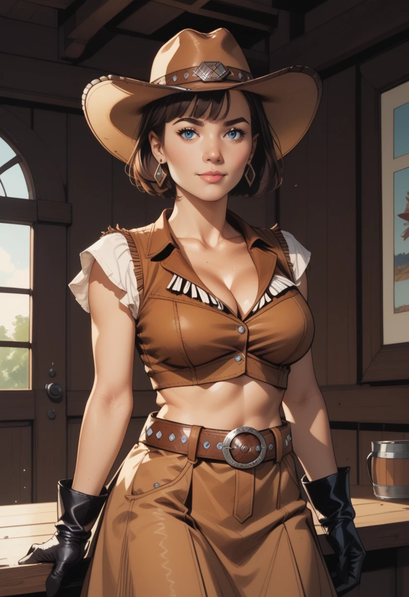 score_9, score_8_up, score_7_up, source_anime, 1woman, mature, human female, human, detailed face, jawline, smooth skin, beige skin, beautiful eyes, blue eyes, brunette, big breasts, bob cut hair, western saloon, cowboy outfit, brown vest, crop top, cleavage, brown skirt, belt, black gloves, earrings, fringe trim, cowboy boots, cowboy hat,