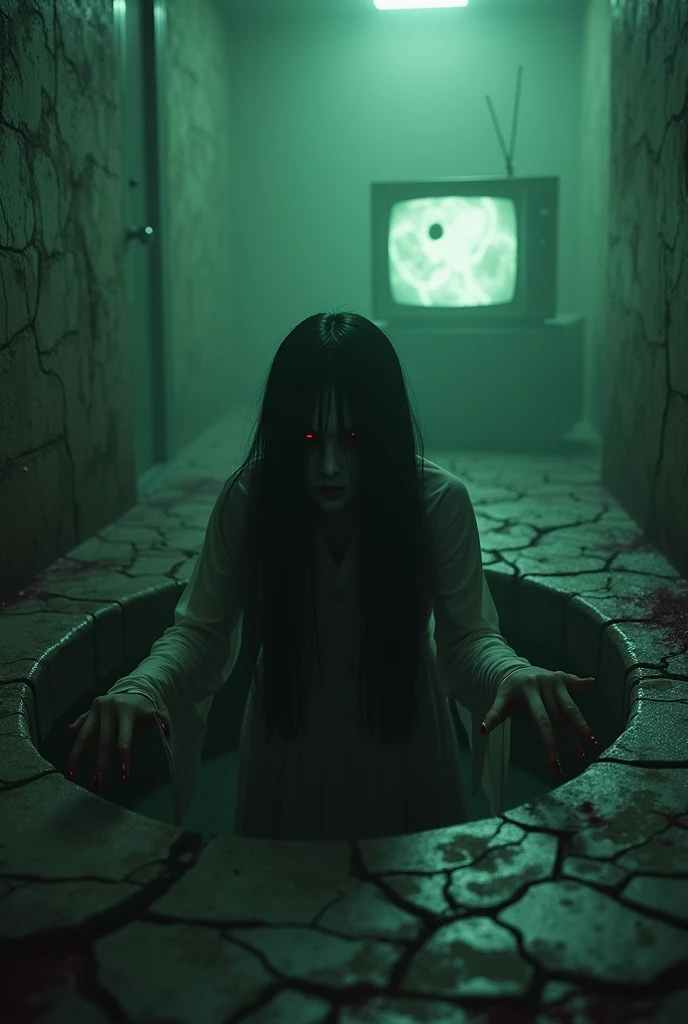 "Best Full Power Extreme Hyperealistic, UHD, HDR, 5D, artistic dramatic cinematic visualizing In a dark room filled with gloomy and gripping atmosphere, Sadako emerges from a wet and rusty old well . Her long dark hair covered her pale, creepy face , with her curled thin fingers like a devil's claw reaching out . The glowing red eyes are faintly visible from behind the strands her hair , exudes infinite hatred and vengeance . The background is filled with thick fog that seems to move like a restless spirit , while the surrounding ground is strewn with cracks emitting a creepy green light . Di kejauhan, an old television lights up silently , displayed visual disturbances and Sadako's shadow slowly approaching . The atmosphere is tinged with extreme horror effects—cracks in the walls are like veins , blood flows slowly , and hollow voices as if whispering . This art must be full of dark and mysterious details , exudes a sickening aura of fear ."