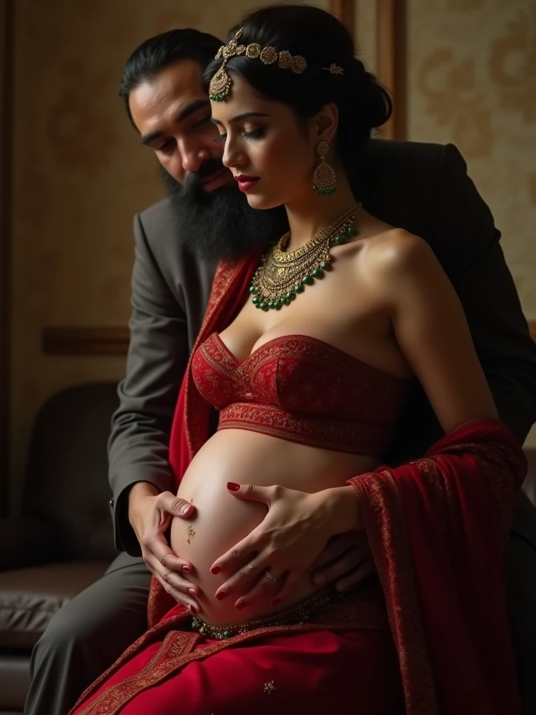 Beautiful mature Caucasian woman standing haughty and dominant in saree, showing deep flat navel, she have a flat gym stomach, He has a small, thin men in trousers and a school uniform on his knees., kissing her flat and sexy stomach.