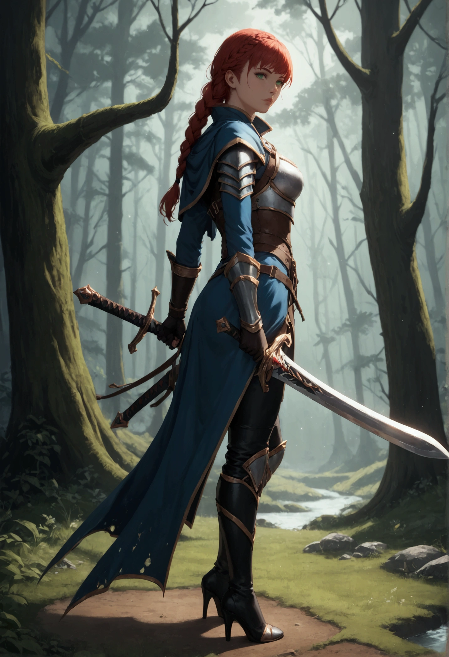 score_9, score_8_up, score_7_up, score_6_up, score_5_up, score_4_up,  fantasy art, RPG art, Dark fantasy art, ultra wide shot, RAW, photorealistic, a picture of female human ranger, the ranger, an exquisite beautiful human woman, long red hair, braided hair, green eyes, wearing leather armor, wearing (blue cloak: 1.1), armed with a (sword: 1.3), wearing high heels  boots, standing in a dark forest at night, (mist rising from the grounds: 1.3), a sense of dread and fear, yet she stands defiant and fearless, dark fantasy forest background, best quality, 16k, [ultra detailed], masterpiece, best quality, (ultra detailed), full body, ultra wide shot, Curved Sword Slash