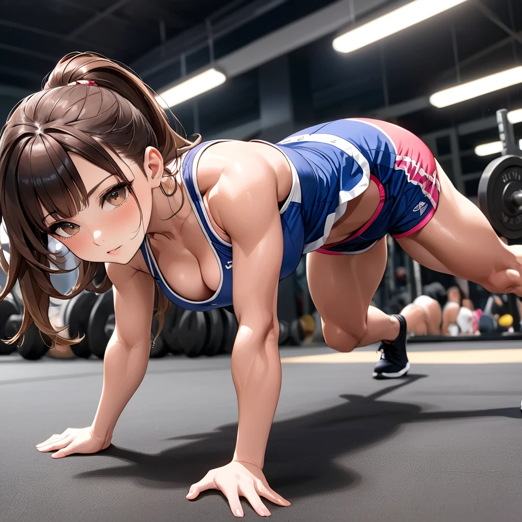 Long shot, ground shot, (face focus,front angle), beautiful 1girl, solo,full body,high quality, masterpiece,on all fours, top-down bottom-up,
split leg forward bend,bodybuilding shorts,t-shirts,jersey jacket,put on a jersey jacket