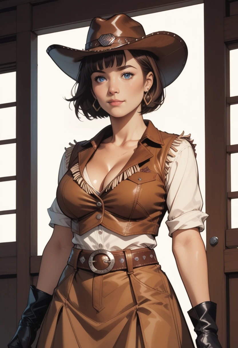 Westerner,One Woman,wild mature woman,Old West Bar,Bourbon Whiskey Drink,Drink from a bottle,Realistic Face,Cowboy Hat,Brown Western Shirts with open chest,Western Fashion,Brown Short Hair,unkempt hair,Bossy,Rude Violent Woman,Rough Smile,ホルスターと拳銃