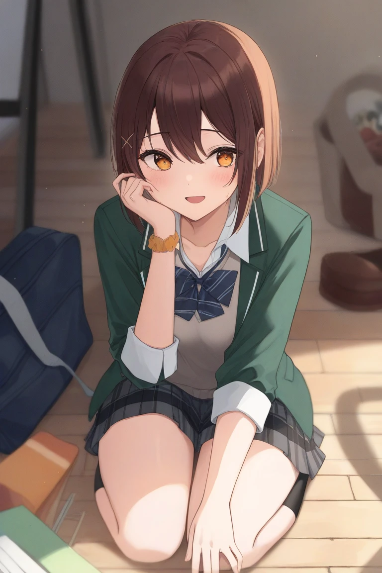 ((masterpiece)), (( top quality)), ( beautiful girl),  perfectly detailed eyes ,  perfect face,  PERFECT FIVE FINGERS ,  I have a ribbon on the top right of my hair,  bob hair,  I'm watching here , I like music , Miyamai Mocha, Diseased Eyes, Elbows on the ground,